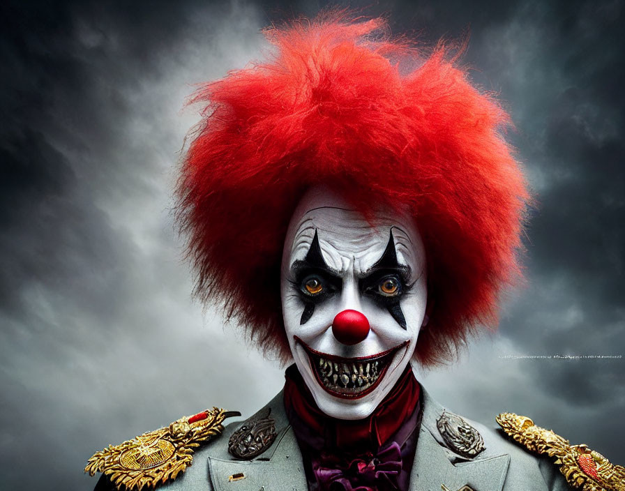 Menacing Clown with Sinister Smile and Red Hair in Grey Costume