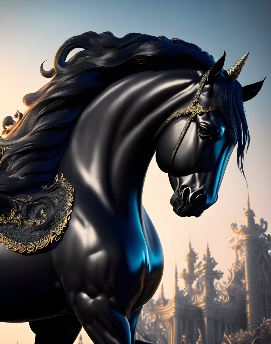 Black unicorn with gold embellishments and twisted horn in fantasy setting