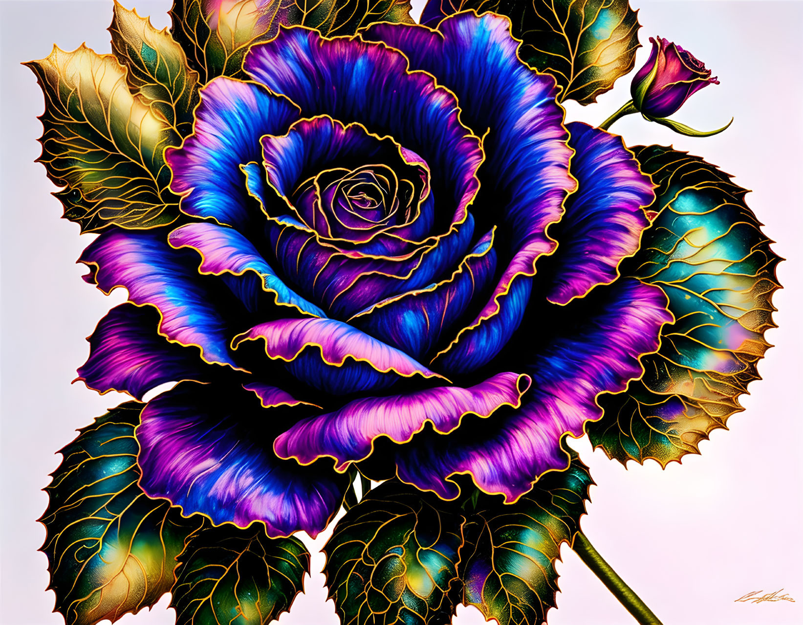 Colorful stylized rose with purple and blue petals on a soft background