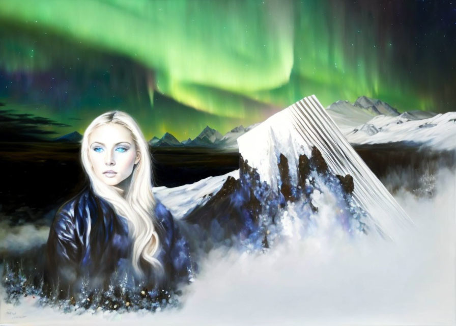 Blond woman in dark coat against snowy mountains and green auroras