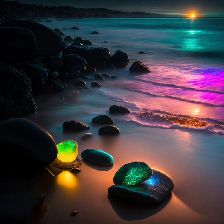 Vibrant sunset glow on rocky beach with gentle waves