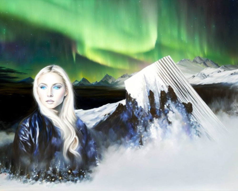 Blond woman in dark coat against snowy mountains and green auroras