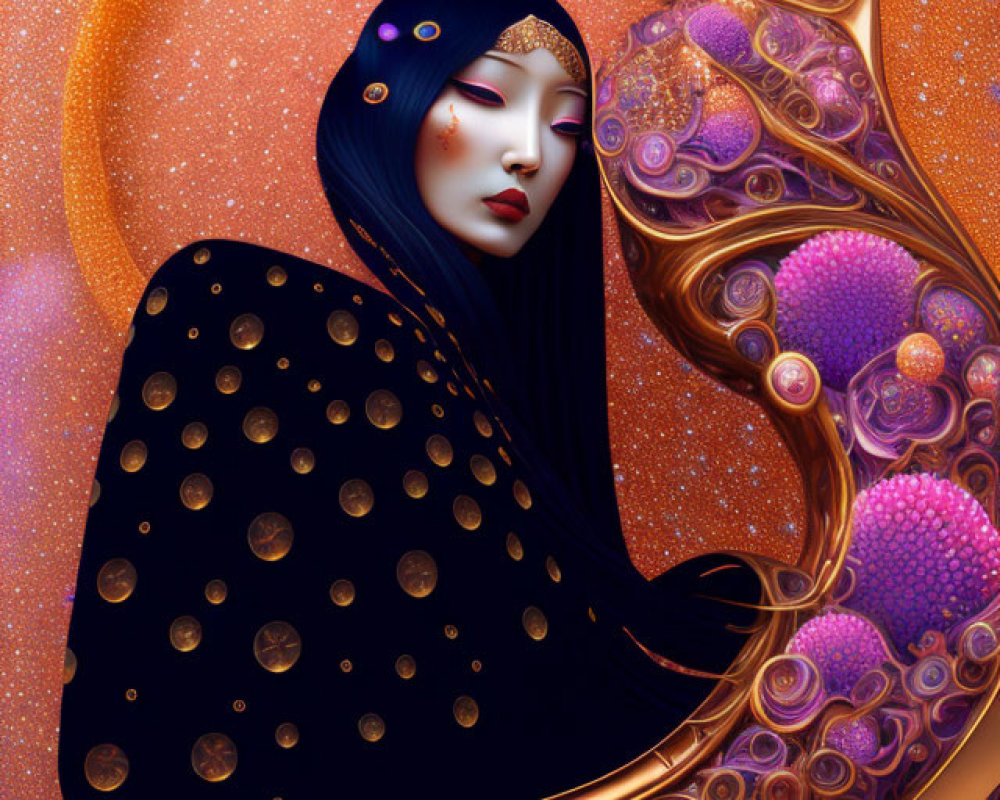 Illustrated woman with black hair in cosmic-themed artwork.