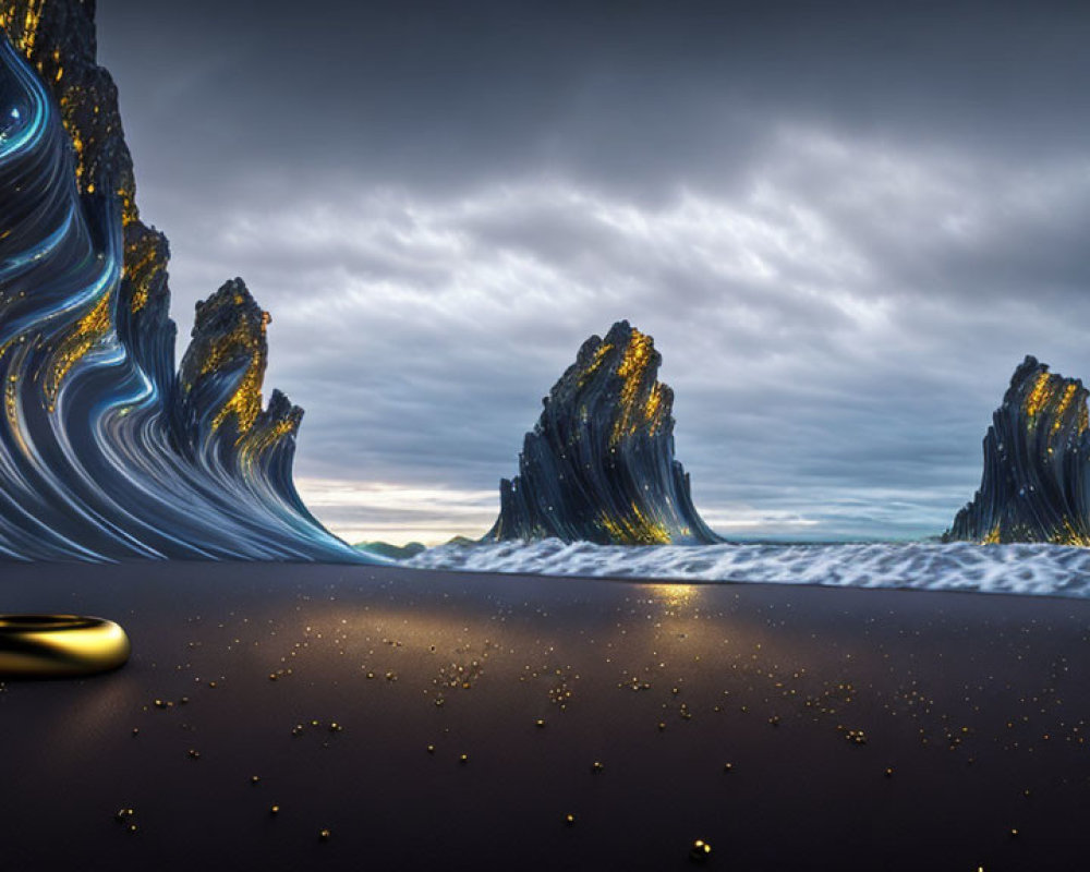 Surreal landscape: flowing rock formations, sparkled beach, ring, ominous cloudy sky