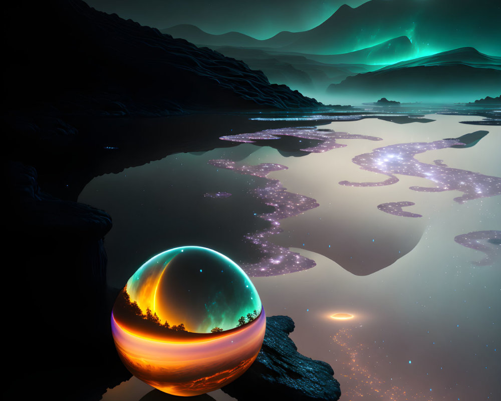 Otherworldly landscape: glowing sphere, sunset reflection, serene water, aurora sky