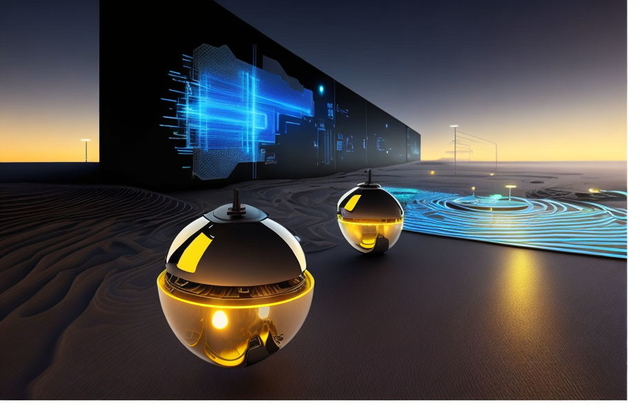 Futuristic landscape with spherical robots, digital interfaces, neon lighting.