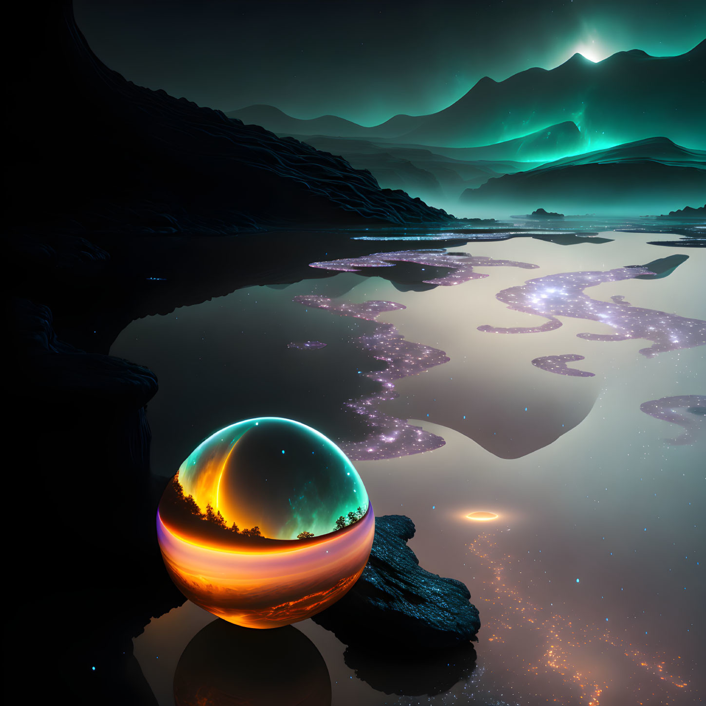 Otherworldly landscape: glowing sphere, sunset reflection, serene water, aurora sky