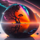Silhouette of person with sunset sphere and lone tree in surreal landscape