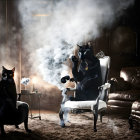 Black cats in dark room mimic human activities, one smoking on chair.