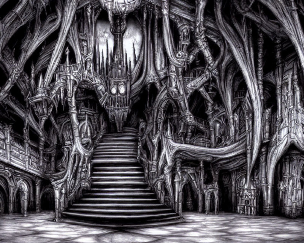 Monochrome gothic interior with elaborate staircase and twisted structures