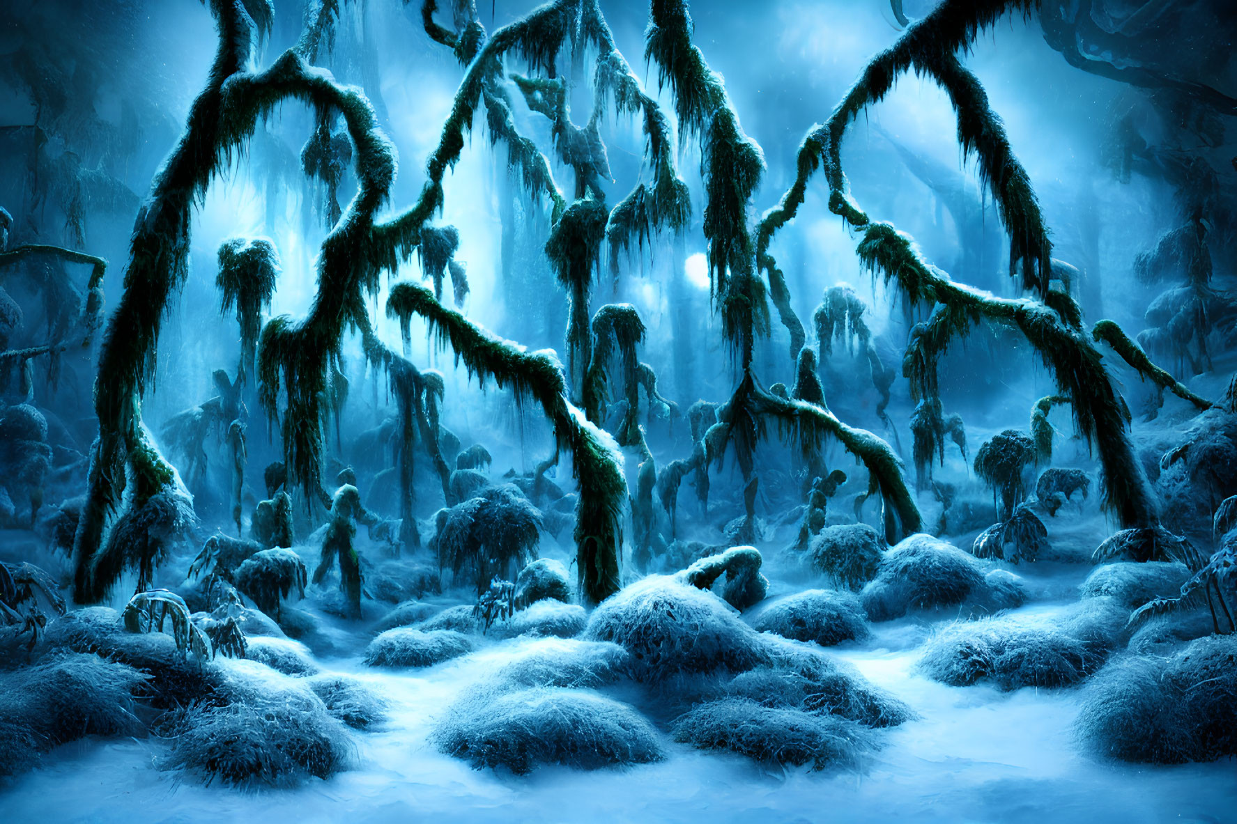 Misty blue forest with twisted trees and moss in a magical atmosphere