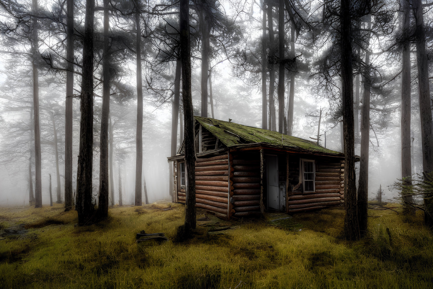 Desolate log cabin in misty forest with moss and fog.