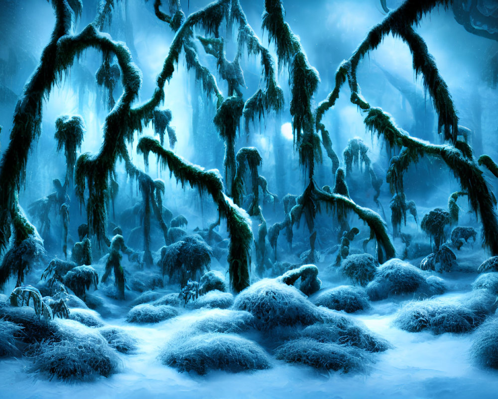 Misty blue forest with twisted trees and moss in a magical atmosphere