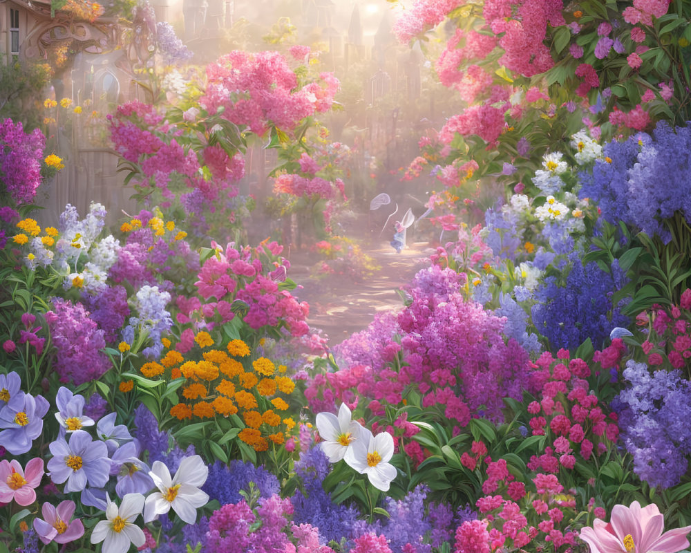 Colorful Flower-Lined Garden Path with Butterflies in Soft Sunlight