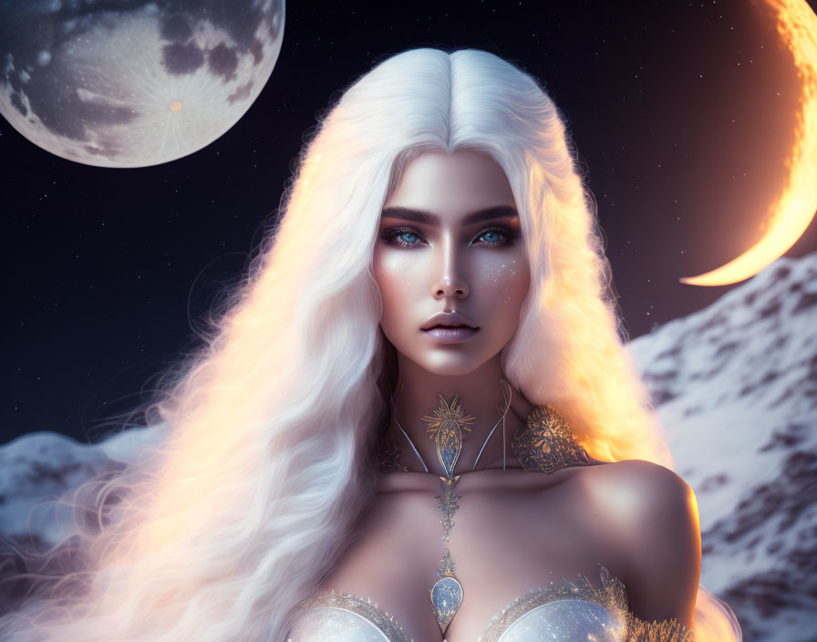 Fantasy illustration of a pale woman with long white hair in celestial setting