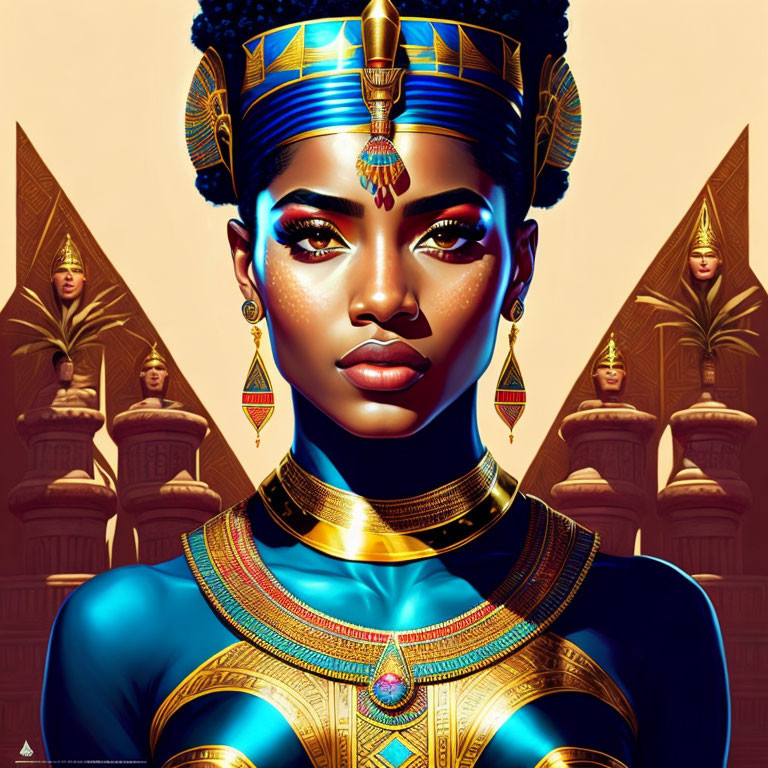 Illustrated portrait of woman as Egyptian queen with gold and turquoise jewelry against pyramid backdrop