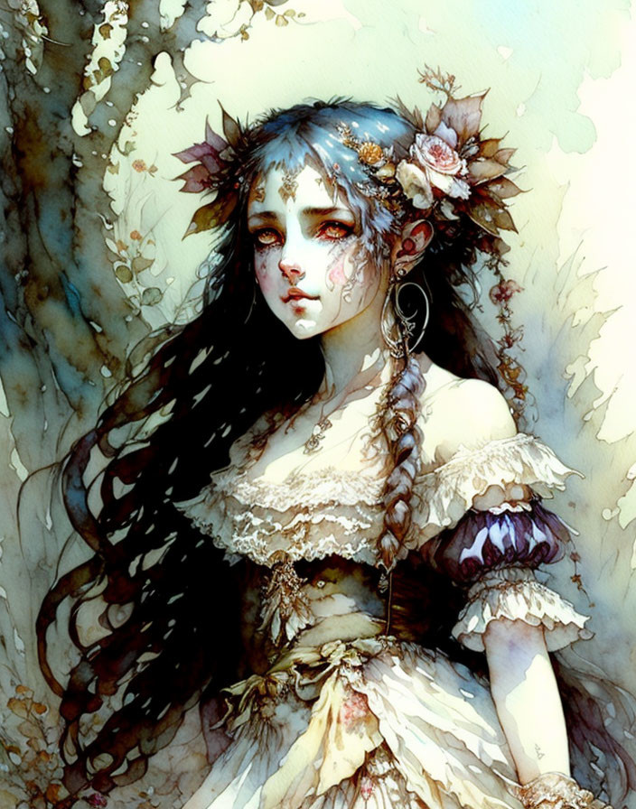 Illustrated fantasy woman with wavy dark hair, pale skin, and ethereal blue eyes adorned with