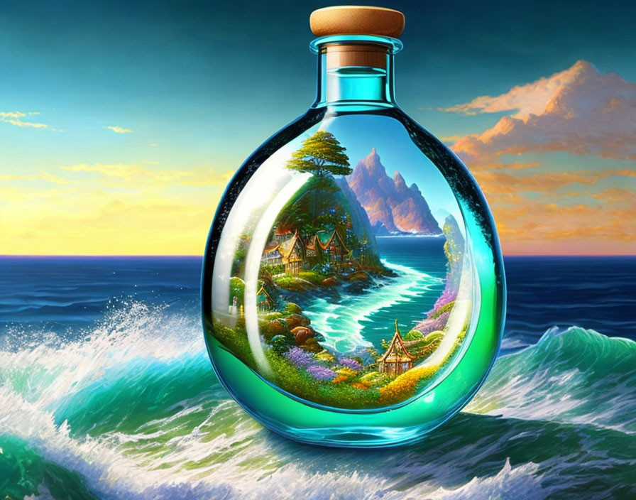 Detailed Illustration of Sealed Bottle with Miniature Ecosystem