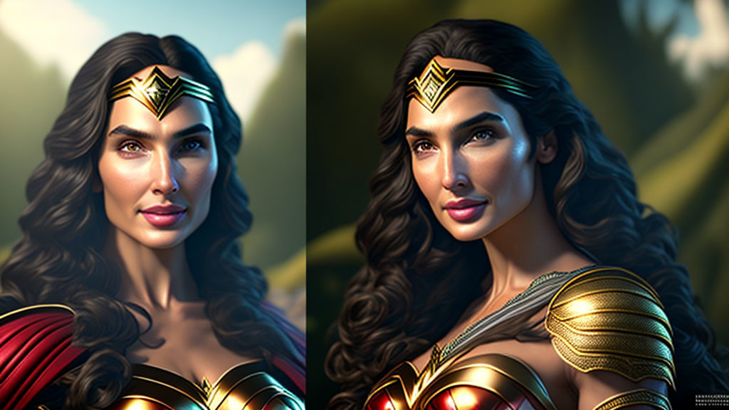 Stylized digital artwork of superhero woman with dual portraits