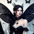 Woman with Black Butterfly Wings Surrounded by Butterflies and Gothic Headpiece