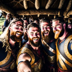 Costumed Vikings taking selfie in scenic landscape