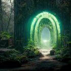 Green Glowing Portal in Enchanted Forest with Moss-Covered Trees