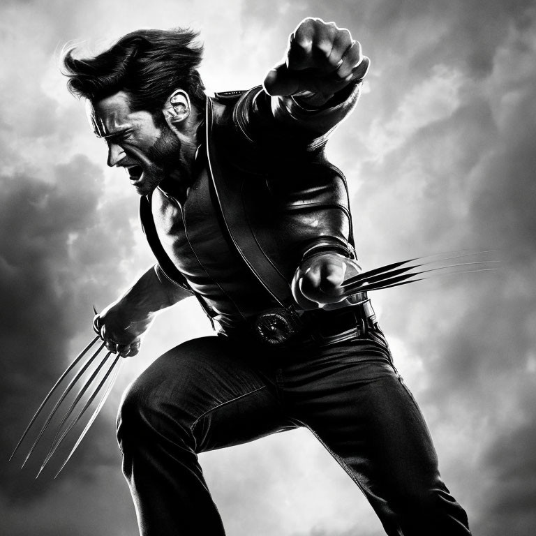 Muscular superhero with adamantium claws in leather jacket against dramatic sky