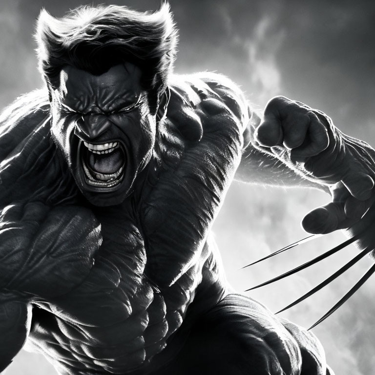 Enraged muscular comic character with claws in monochrome art