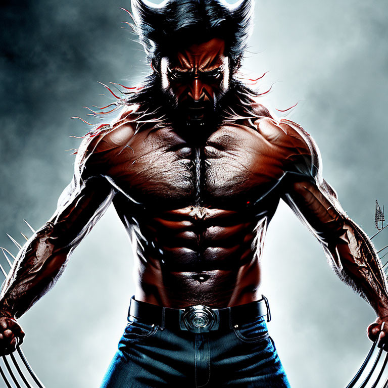 Muscular character with steel claws in aggressive stance on smoky backdrop