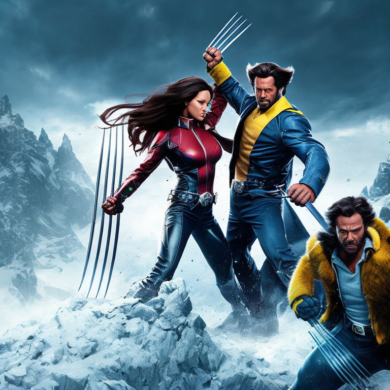 Comic book characters in dynamic poses with metal claws in snowy mountain scene