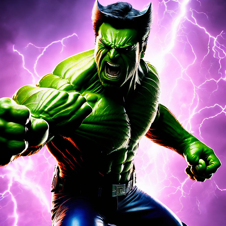 Green Muscular Superhero with Angry Expression and Claws in Purple Lightning Background