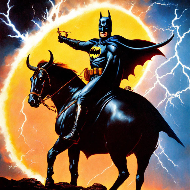 Superhero in Bat-Themed Costume Riding Bull with Lasso in Stormy Scene