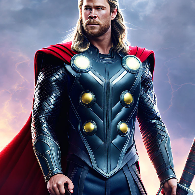 Blond-Haired Superhero in Detailed Armor with Red Cape Against Stormy Sky