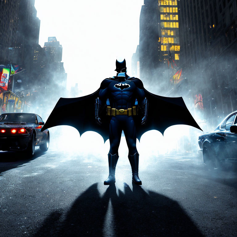 Dark city street at night: Batman with dramatic backlighting