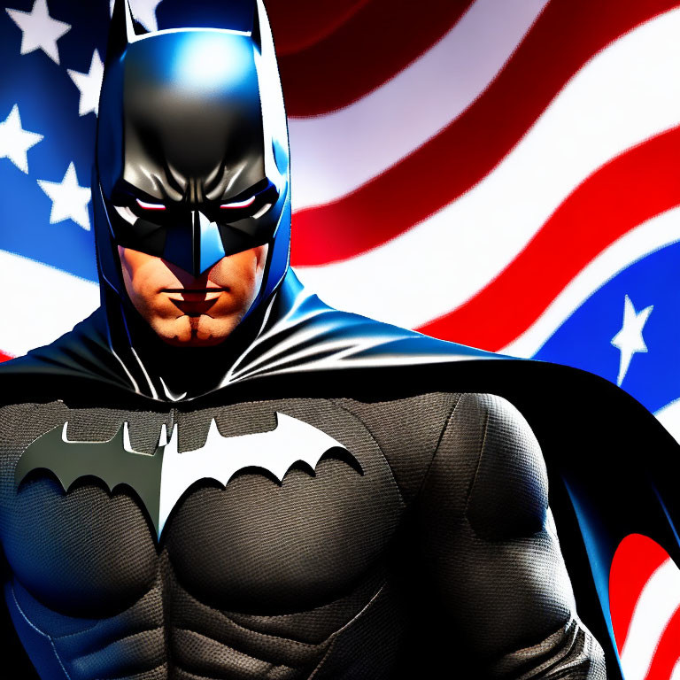 Fictional character in Batman costume against American flag.