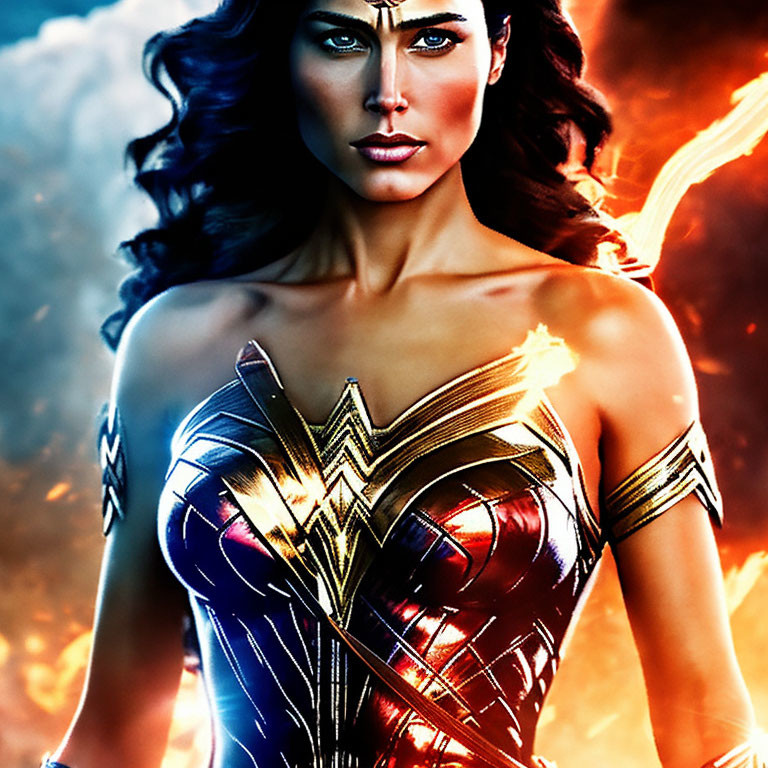 Close-up of fierce woman in Wonder Woman costume with glowing lasso on fiery backdrop
