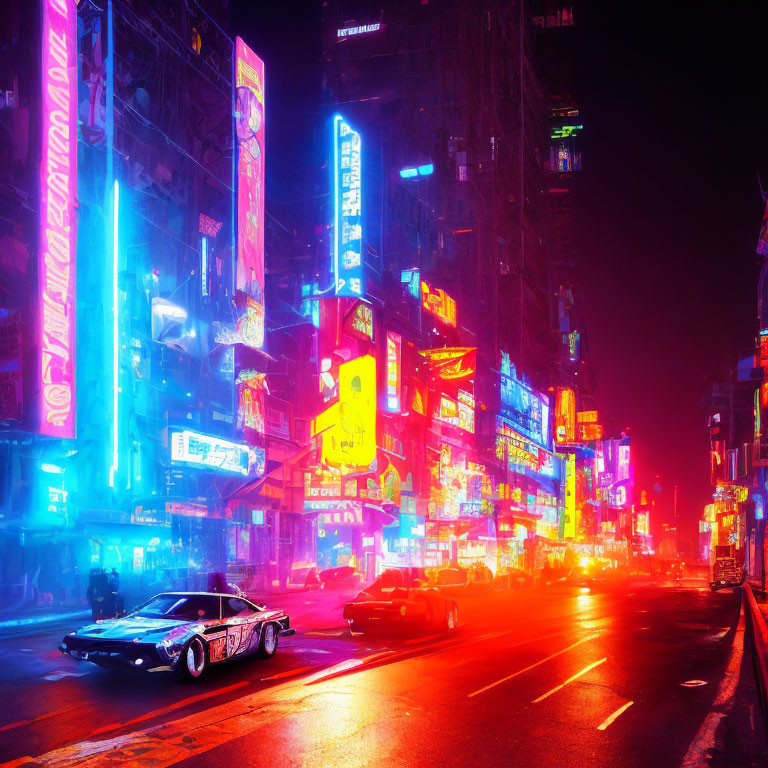 Neon-lit streets at night with retro-futuristic car under urban lights