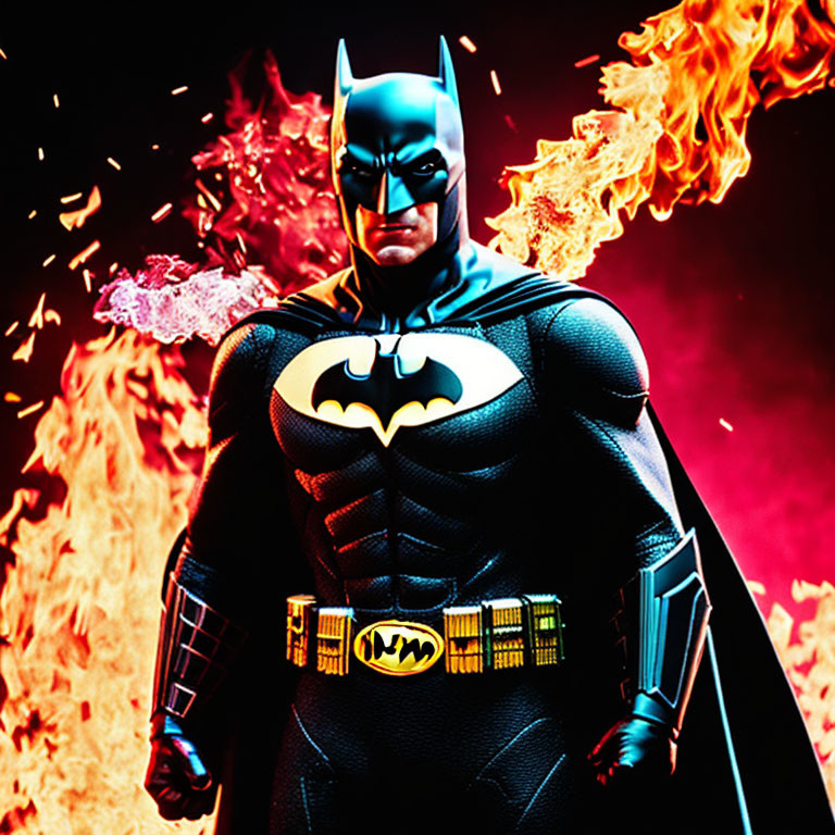 Person in Batman costume surrounded by intense flames and embers