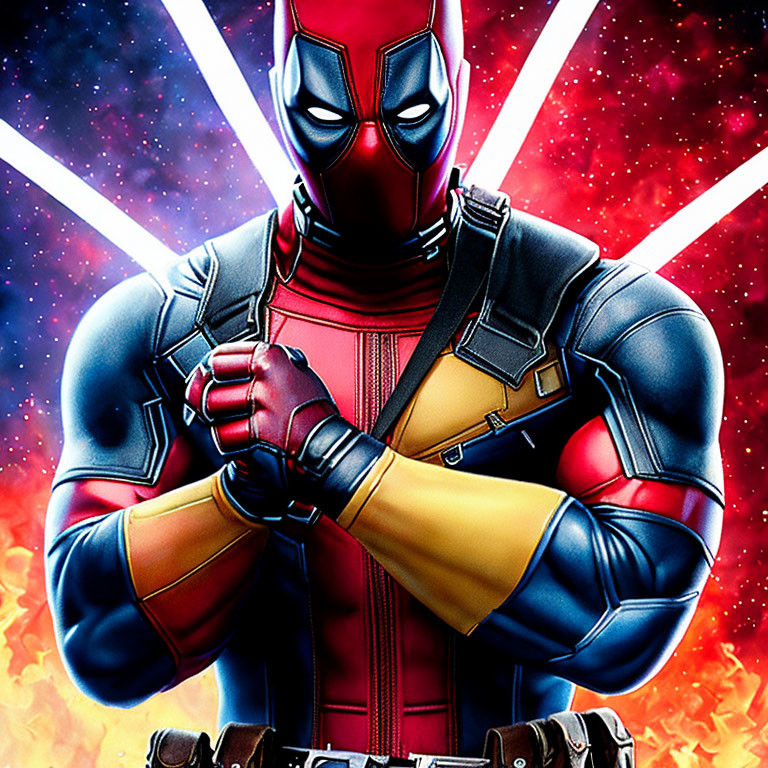 Masked superhero in red and black suit with humorous stance in cosmic backdrop.