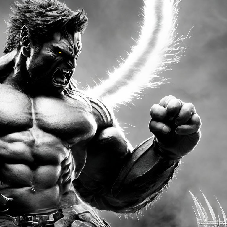 Muscular character in monochrome with claw marks, showing rage and clenched fists.
