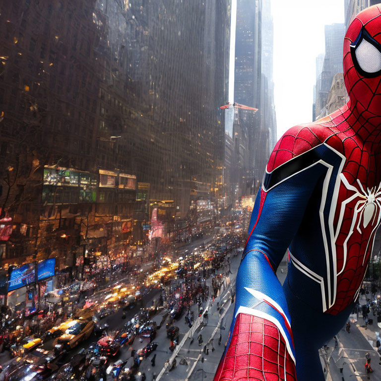 Close-Up Side View of Spider-Man Overlooking City Street with Skyscrapers, Cars, and