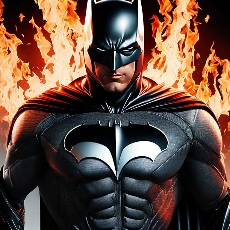 Costumed superhero with bat emblem in flames backdrop
