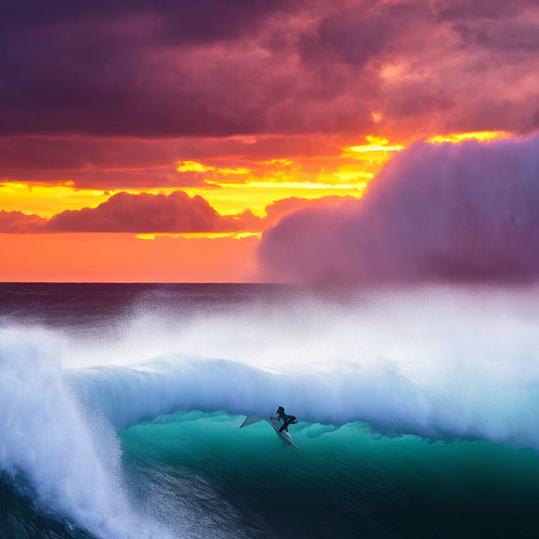 Surfer riding large wave at sunset with colorful sky and mist