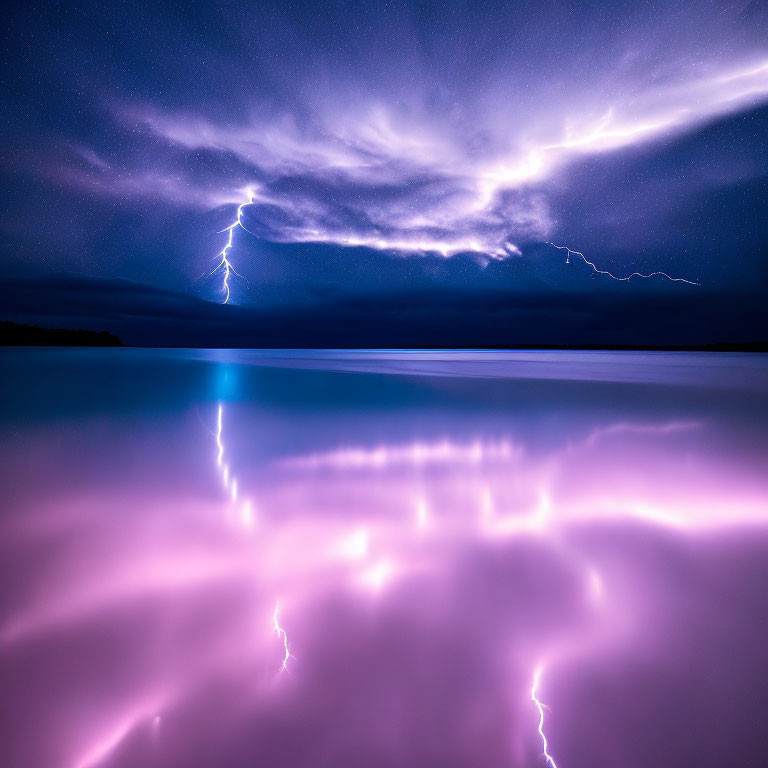 Intense lightning storm reflected on water with purple clouds