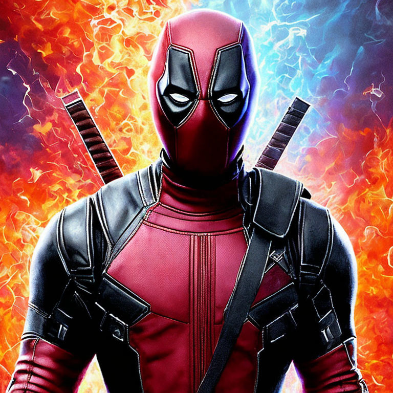 Superhero in Red and Black Costume with Dual Swords on Fiery Background