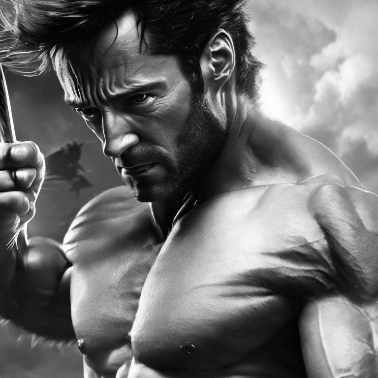 Muscular character with extended claws and intense gaze in monochrome image