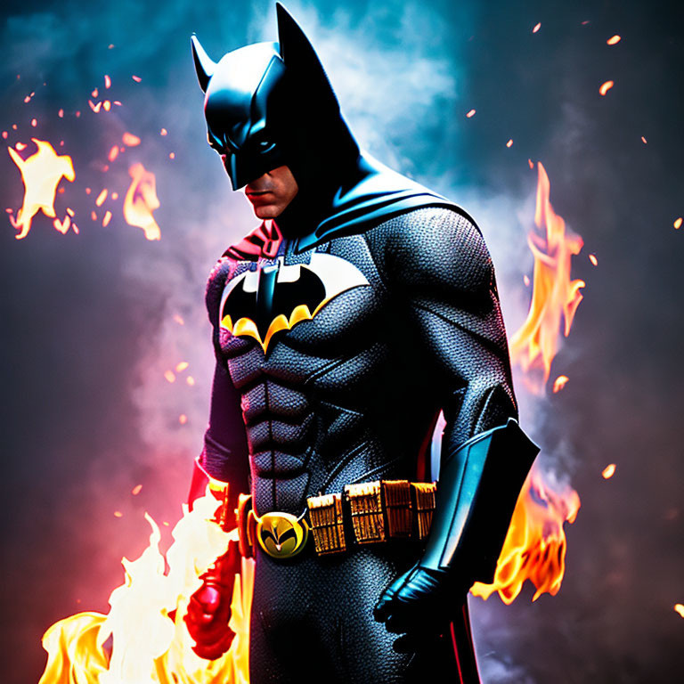 Determined Batman figure surrounded by flames on dark background