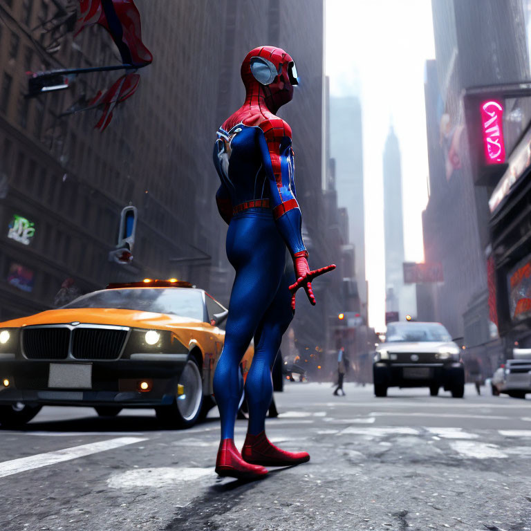 Person in Spider-Man costume on city street with cars