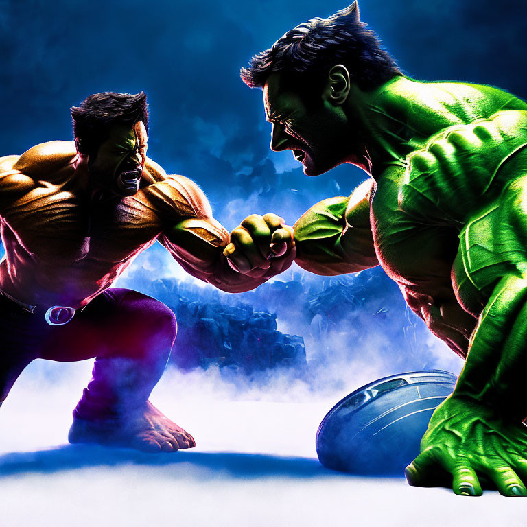 Muscular animated superheroes arm-wrestling on blue smoky background