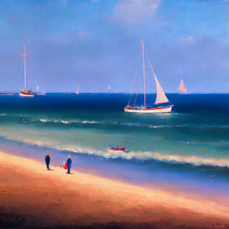 Tranquil beach scene with two people walking, sailboats, calm sea, clear sky